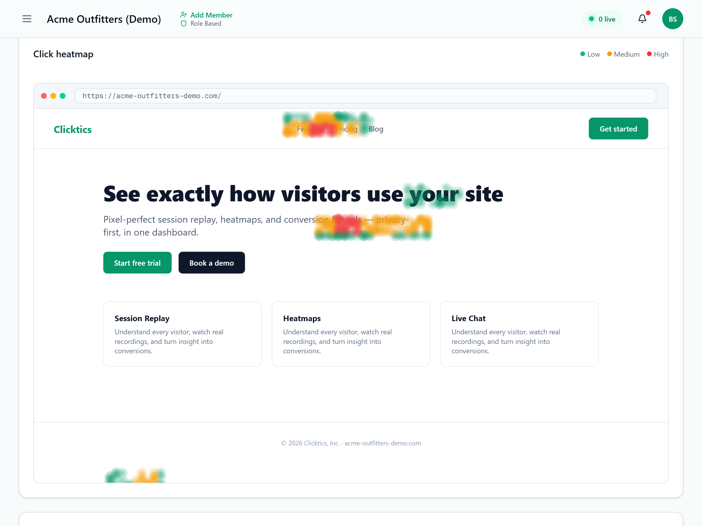 Click heatmap in Clicktics rendered over the real webpage showing where visitors click most