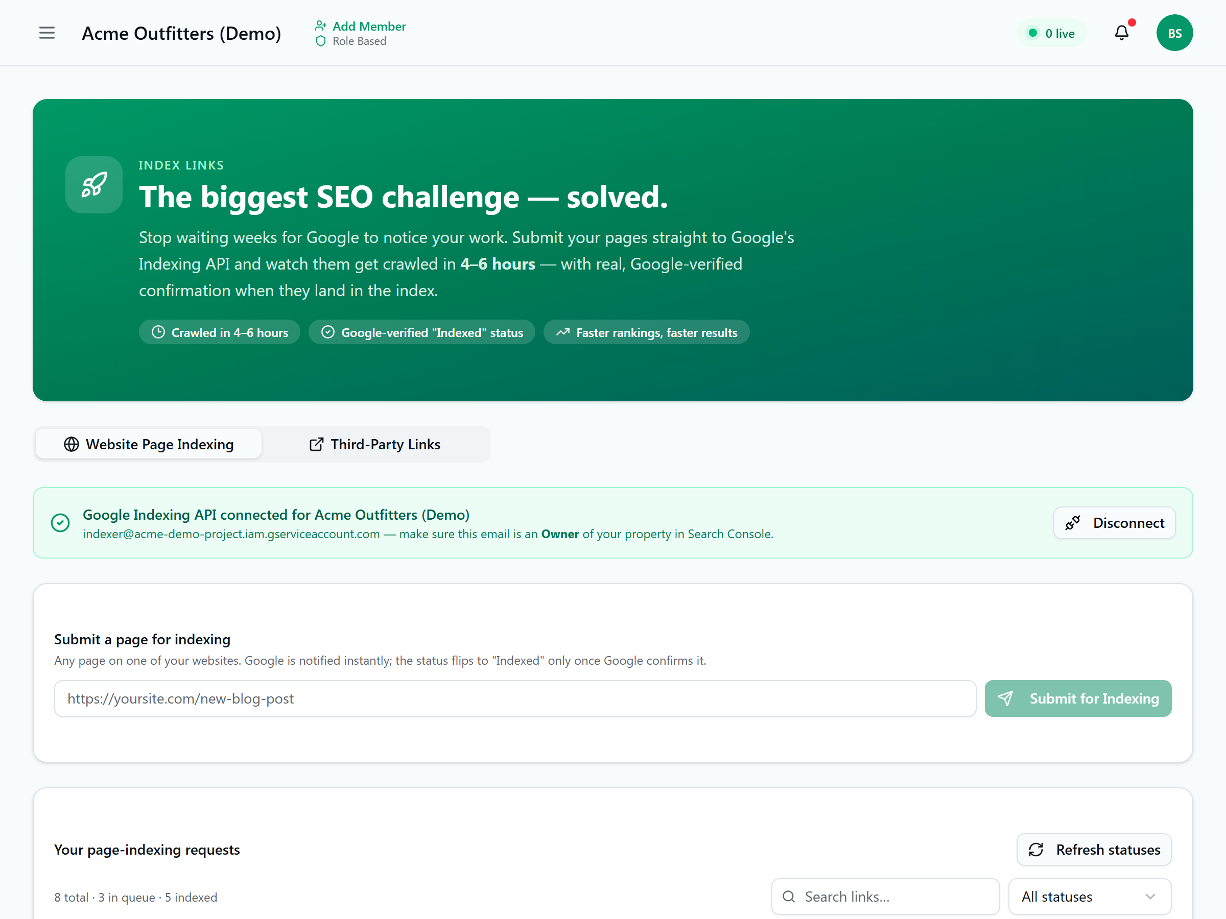 Index Links page for submitting website pages to Google and tracking verified indexing status