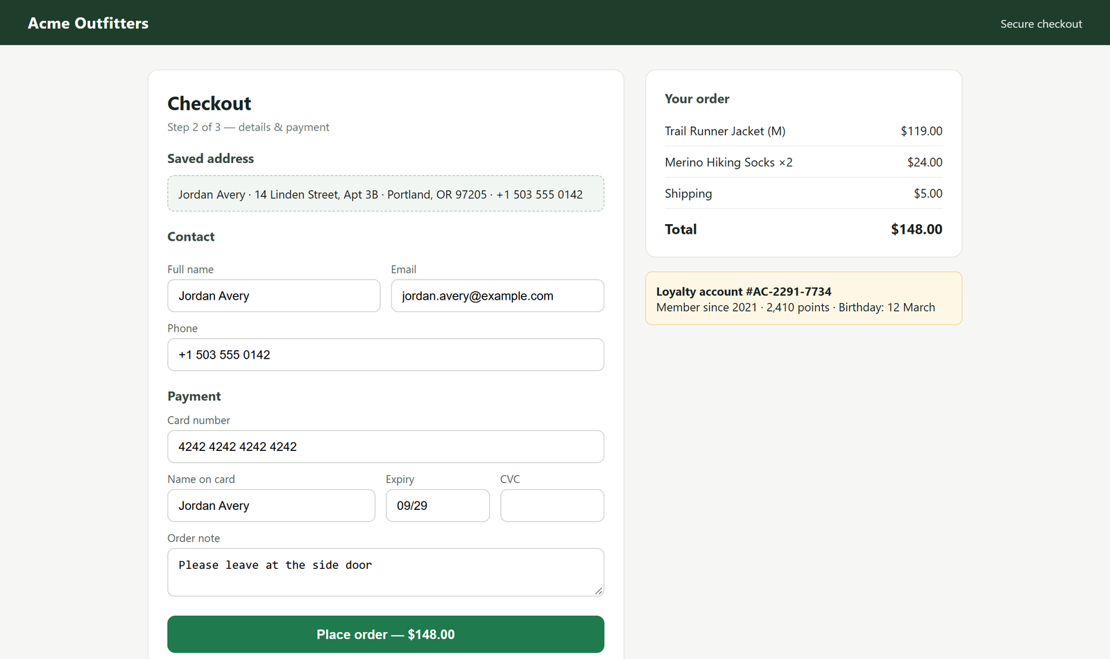 Demo checkout page as the visitor sees it, with name, email, phone, card number, expiry and a saved address filled in