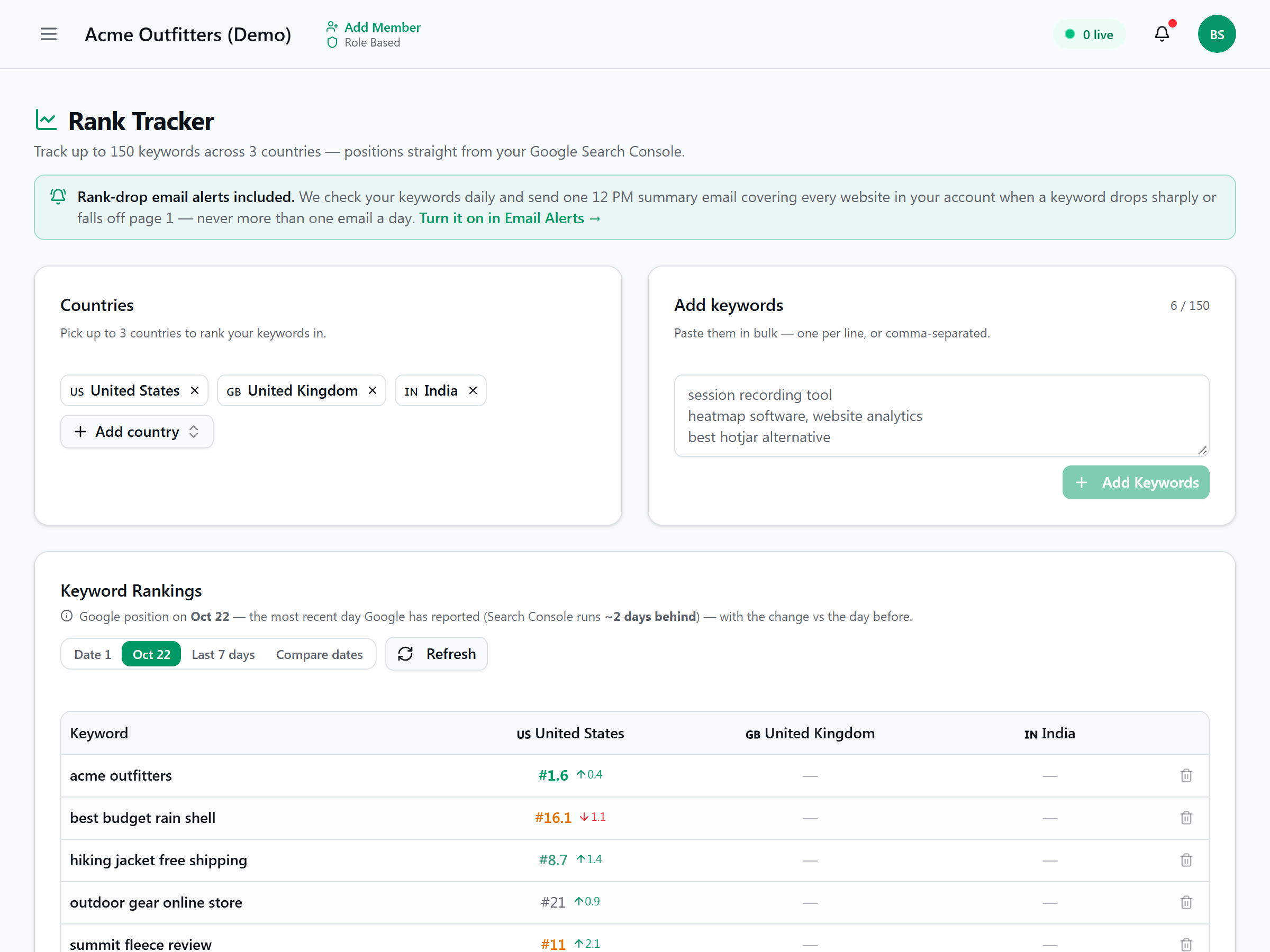 Keyword rank tracker showing Google positions per keyword with daily changes and drops highlighted