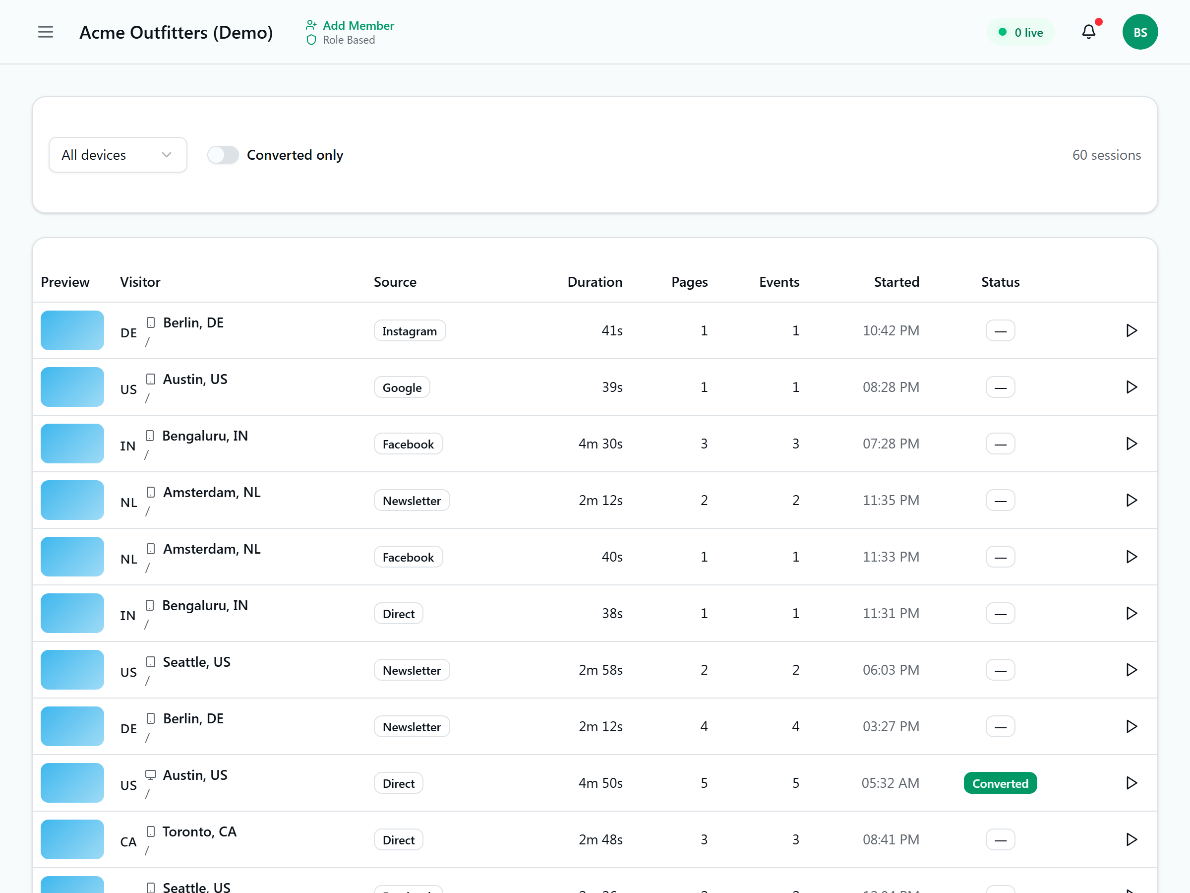 Session recordings list in Clicktics showing visitor location, traffic source, duration, pages and conversion status