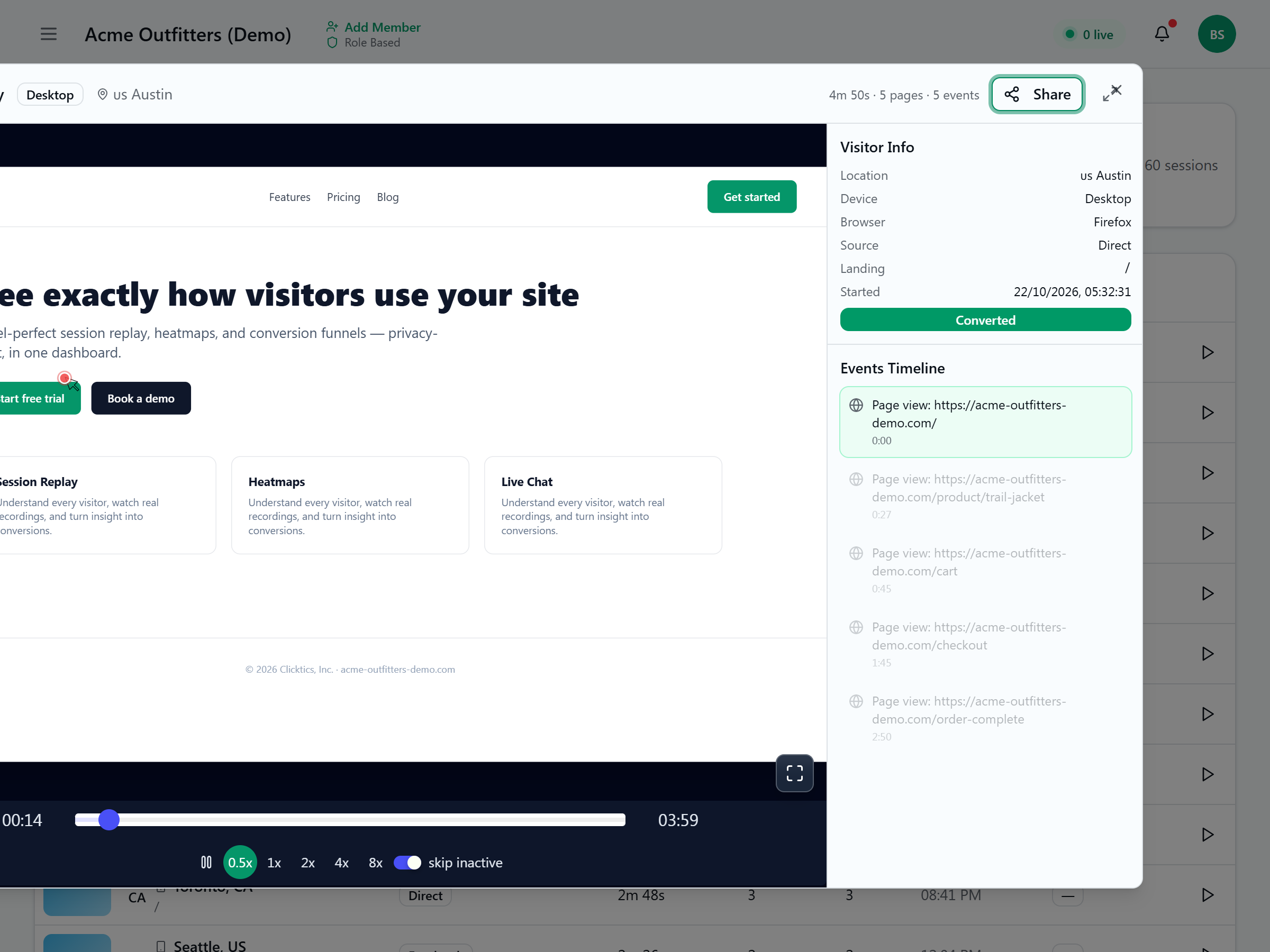 Session replay player in Clicktics showing a recorded visitor journey with page-by-page events timeline