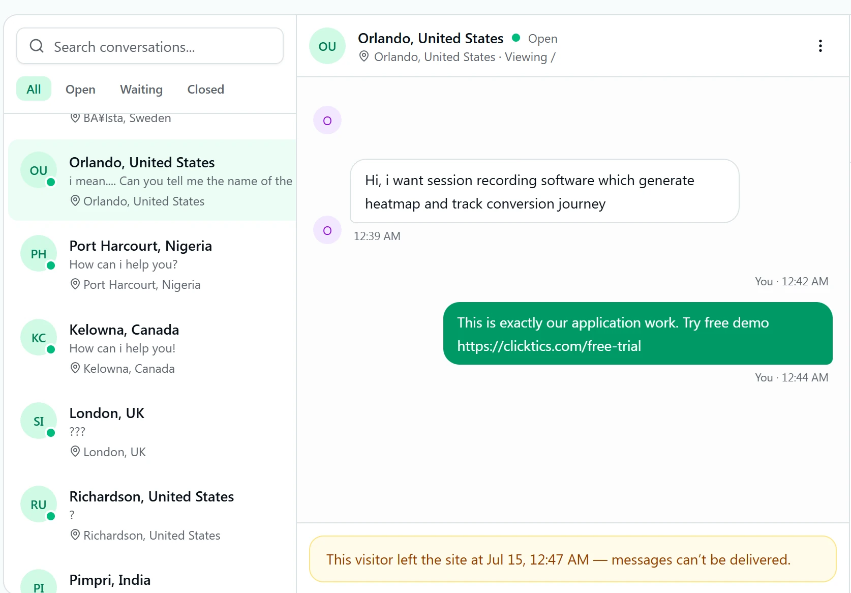 The Clicktics live chat inbox: a list of active visitor conversations by city alongside an open thread where an agent replies to a visitor in real time
