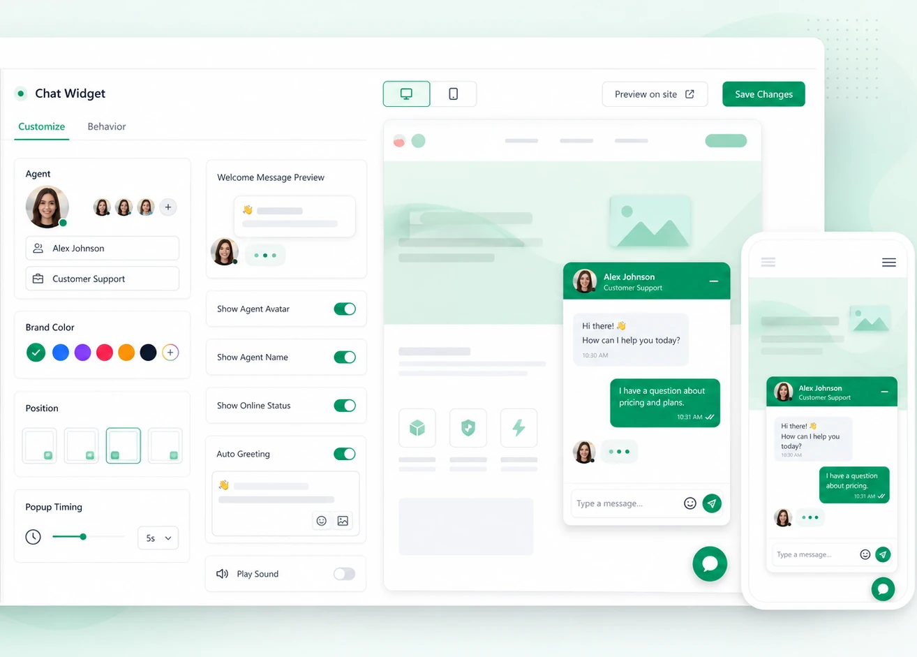 The Clicktics chat widget customizer: agent avatar and name, brand color picker, position and popup-timing controls, a welcome-message preview, and a live desktop and mobile preview of the branded chat widget