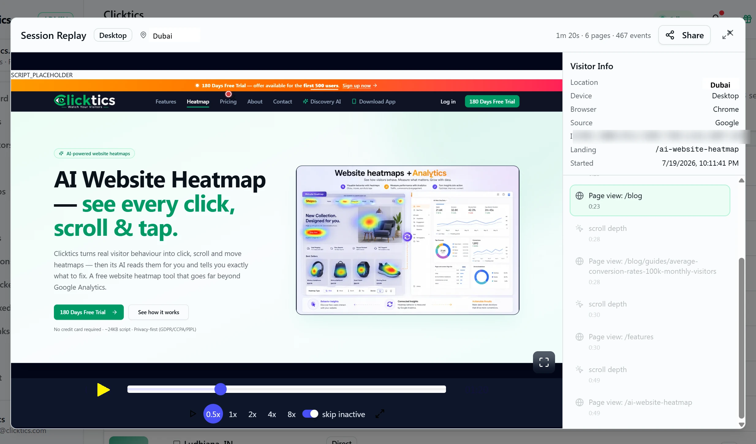 The Clicktics session replay player: a recorded desktop visit from Dubai with a synced event timeline of page views and scroll depth, plus playback speed controls and a skip-inactive toggle