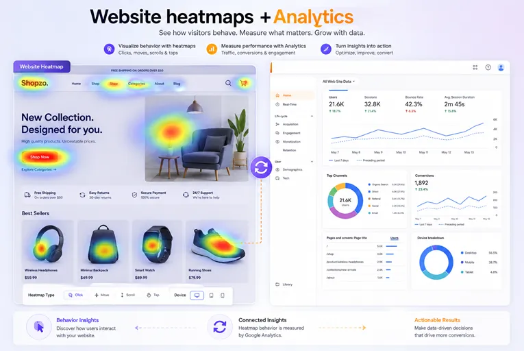 Website heatmap alongside an analytics dashboard — visualize behaviour with heatmaps and measure performance with analytics