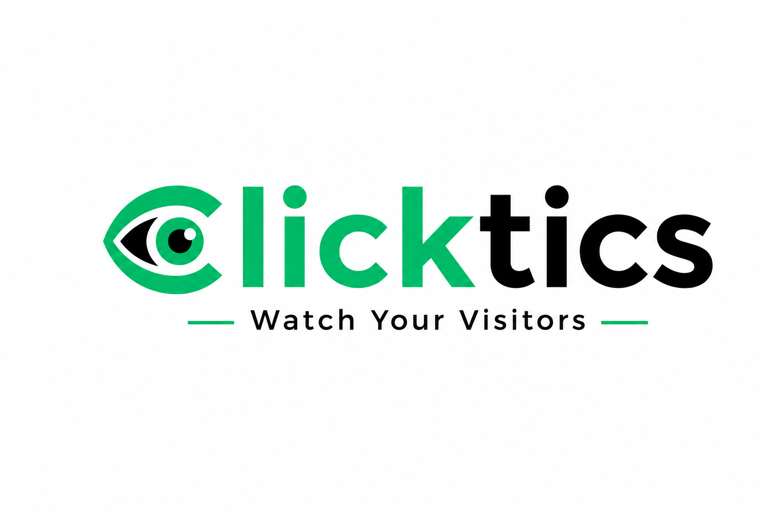 Clicktics primary logo — green eye symbol and Clicktics wordmark with the tagline Watch Your Visitors, on a light background